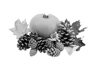 Image showing Fall leaves and pine cones with a ripe pumpkin