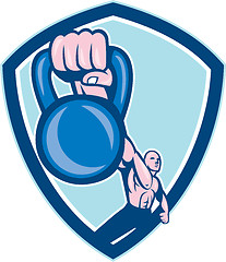 Image showing Weightlifter Lifting Kettlebell Shield Cartoon