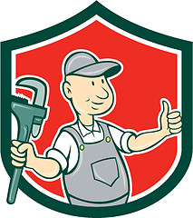 Image showing Plumber Monkey Wrench Thumbs Up Shield Cartoon