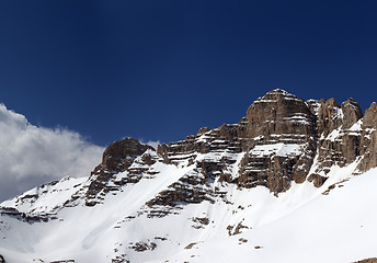 Image showing Panorama of snowy rocks in nice spring day