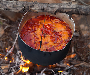Image showing Cooking borscht (Ukrainian traditional soup) on campfire