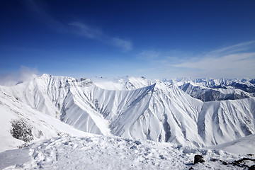 Image showing Snowy mountains at nice sun day