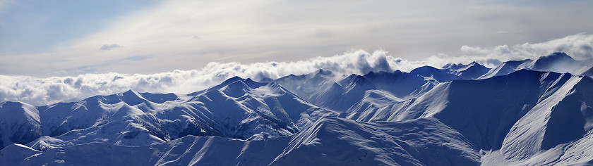 Image showing Panorama of evening mountains in clouds