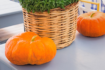 Image showing Still life: two pumpkins and a wattled basket with greens.