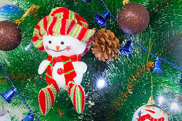 Image showing Amusing figure of a snowman on a Christmas fir-tree.