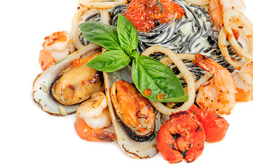 Image showing Black Pasta with sea food and basil