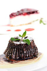 Image showing Chocolate fondant with peppermint leaves