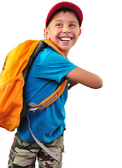 Image showing happy smiling boy with backpack isolated over white