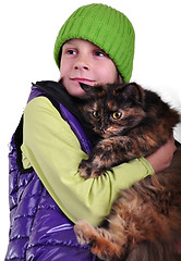 Image showing Cute blond girl with a cat