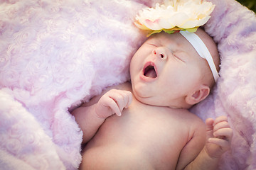 Image showing Beautiful Newborn Baby Girl Laying in Soft Blanket