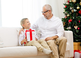 Image showing smiling grandfather and grandson at home