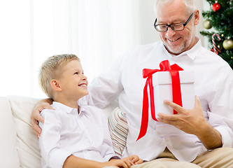 Image showing smiling grandfather and grandson at home