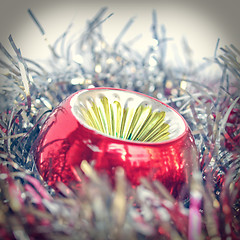 Image showing Retro look Christmas bauble and tinsel