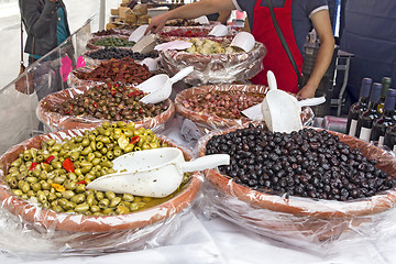 Image showing Marinated Olives in a street market