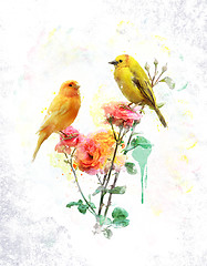 Image showing Watercolor Image Of Flowers And Birds