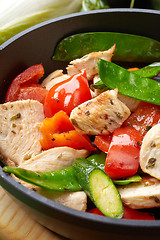 Image showing chicken breast meat and vegetables on frying pan