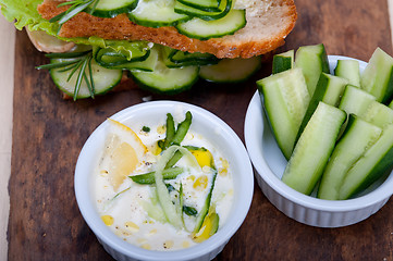 Image showing fresh vegetarian sandwich with garlic cheese dip salad