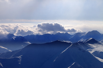 Image showing Silhouette of evening mountains in mist