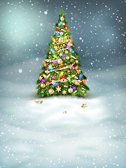 Image showing Christmas fir tree on winter landscape. EPS 10