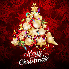 Image showing Christmas card with baubles on deep red. EPS 10