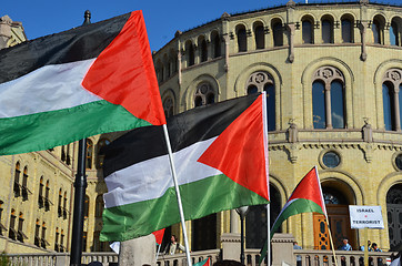 Image showing Palestinian flags in front of Norwegian Parliament