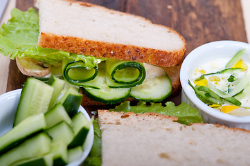 Image showing fresh vegetarian sandwich with garlic cheese dip salad