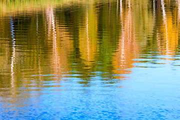 Image showing Landscape, reflections in the water autumn forest on the shore.