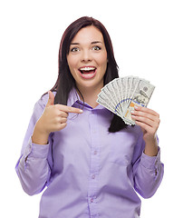 Image showing Mixed Race Woman Holding the New One Hundred Dollar Bills