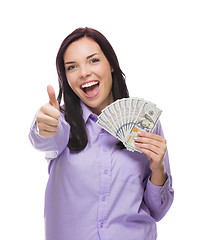 Image showing Mixed Race Woman Holding the New One Hundred Dollar Bills