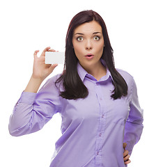 Image showing Isolated Mixed Race Stunned Woman Holding Blank Business Card