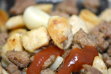 Image showing Fried pork liver with tomatoes and potatoes