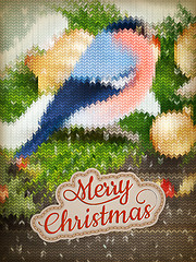 Image showing Christmas label on a knitted Bullfinch. EPS 10