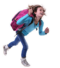 Image showing happy schoolgirl or traveler exercising and jumping