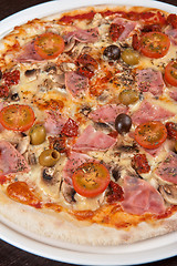 Image showing pizza with ham and mushrooms