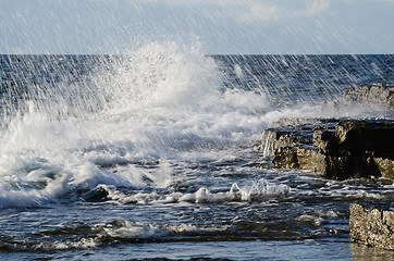 Image showing Splashing water at rocky coast
