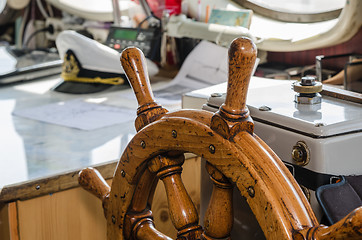 Image showing Steering wheel of the ship. A workplace of the captain