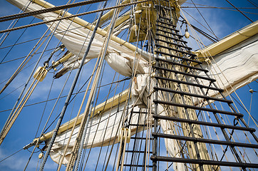 Image showing Sails and tackles of a sailing vessel on a background of the sky