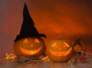 Image showing close up of pumpkins on table