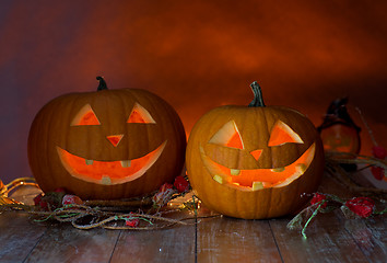 Image showing close up of pumpkins on table