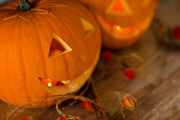 Image showing close up of pumpkins on table