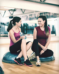 Image showing two smiling women sitting on the half balls