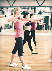 Image showing group of smiling people working out with dumbbells