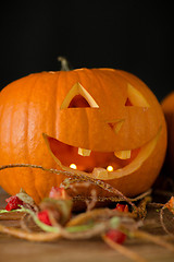 Image showing close up of pumpkins on table