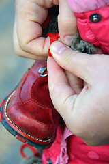 Image showing men hands lacing little shoe