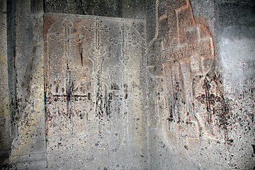 Image showing Carved crosses on two walls of the church