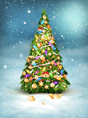 Image showing Christmas fir tree on winter landscape. EPS 10