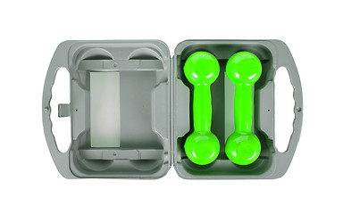 Image showing Green dumbbells in a grey case