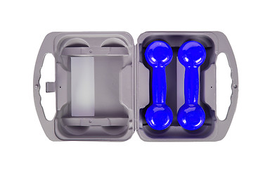 Image showing Blue dumbbells in a grey case