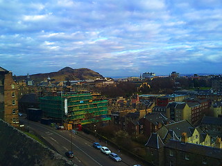 Image showing Historic Town Houses and Colourful Shopfronts in Edinburgh Old Town