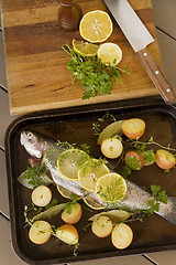 Image showing Raw Vegetables And Trout